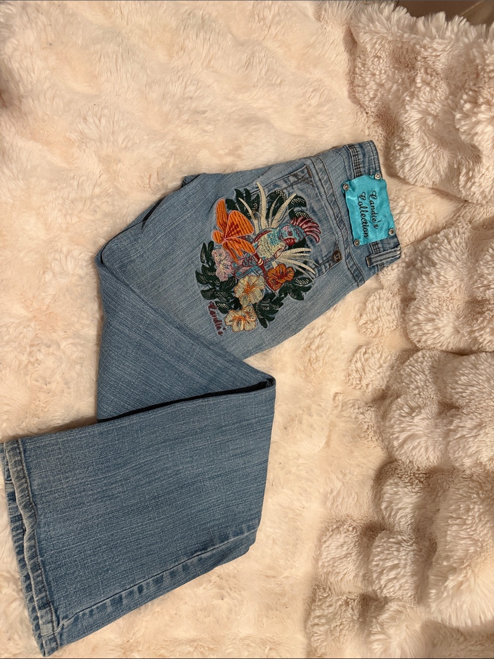 Candie's Light Blue Flare Jeans with Tropical Embroidery